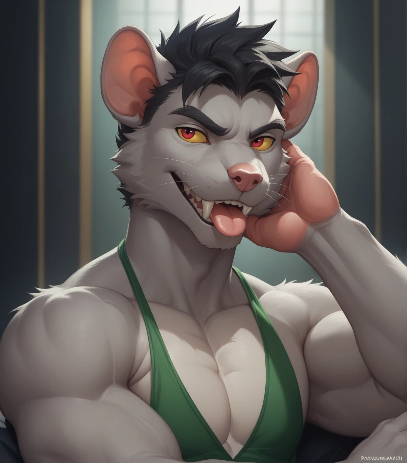 (Masterpiece: 1.2, highest quality), (intricate details), male, 1 guy, Solo, Upper body, Casual, (short hair), lion, by mystikfox61, by darkgem, (hair, snout), small round lion ears, light pink nose, crooked mouth, smiling, detailed face, (large cartoon eyes, perfectly circular eyes), red pupils, detailed fluffy fur, (((short super straight swept-back hair, short jagged pointy hair, short slicked back hair, extremely short beard, curly beard, puffy frizzy goatee, widows peak))), ((((short hair tied low, scruffy side-locks, lovelocks under ears)))), relaxed body, digital art, natural lighting, sweaty, (((soft muscular arms, soft perfectly-round chubby torso, soft body, tall pecs, very tall pectoral region, very short abdominal region, perfectly round chest, wide body, extra short stocky build, shortstack male body))), white stomach, beard, ((short dark grey hair, short dark hair, thick jagged eyebrows, light grey body, gray body)), pale underbelly, white counter-shaded torso and mouth, throbbing, (((white background))), (black faded ashen boxerbriefs, monochrome black trunks), pastel light blue towel on his shoulder, red phone, lion tail, (navel toward the bottom, vertical bellybutton)