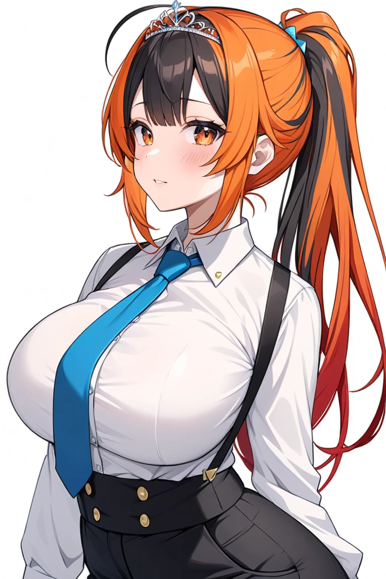 rating:safe, 1girl, long_hair, solo, breasts, smile, striped, blush, short_sleeves, blue_eyes, large_breasts, arms_behind_back, puffy_sleeves, blonde_hair, striped_background, looking_at_viewer, upper_body, puffy_short_sleeves, ribbon, eyebrows_visible_through_hair, closed_mouth, shirt, hair_between_eyes, neck_ribbon, vertical_stripes, bangs, white_background, white_shirt, diagonal_stripes, very_long_hair, simple_background, collared_shirt, orange_hair