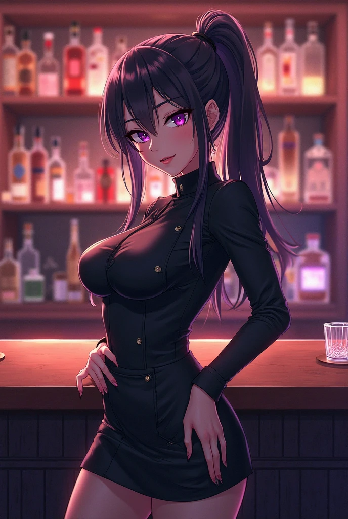 magase ai, long hair, black collar, blush, lipstick, long hair, crazy eyes ,Hot girl, baddie, staring, glaring, bad attitude, mean girl, crazy, smoking, sensual, attractive, bar background, inside bar, indoor,smile, masterpiece,high quality,4k, bare shoulder,belly,crop top,holding pistol,cleavage,casual dress, bar background, inside bar, indoor,smile, open mouth, (nsfw) not safe for work, evil expression, exposed belly, exposed navel, exposed midriff, exposed lower belly, crop top overhang, underboob,jacket, unbuttoned jeans , low rise black jeans, Low rise jeans, Low rise jeans with open fly,