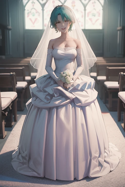 natsu_kaori,  wedding dress, <lora:natsu_kaoriv2:0.7>,tan, blue eyes, church, masterpiece, best quality