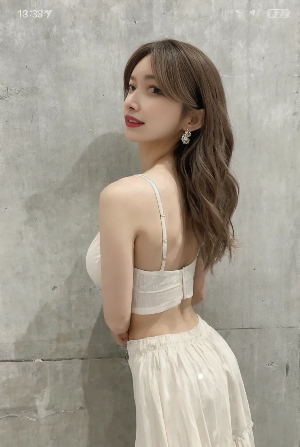 ((best quality, 8K, masterpiece: 1.3)), 1 girl, Slim abdominal muscle beauty: 1.3, (Casual hairstyle, Large Breasts: 1.2), skirt: 1.1, Super delicate face, Exquisite eyes, Double eyelids, Smile, On the bed，full-body shot，See the whole body，Creamy white thin skirt dress，Strapless underwear.Exquisite small earrings.princess hair style.Excited expression，eyelashes long.(Long blond hair, Ponytail)，Legs open.Sweet and bright smile．Ass upturned．