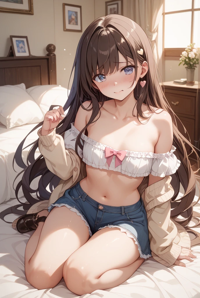 (table top, highest quality, High resolution, , perfect pixel, 4k,), 1 girl, single, alone, Beautiful woman、I could see the whole body、 ((Wavy mid-hair, bangs, brown hair)), ((brown eyes, beautiful eyelashes, realistic eyes)), ((detailed face, blush:1.2)), ((smooth texture:0.75, realistic texture:0.65, realistic:1.1, Anime CG style)), medium , dynamic angle, perfect body, ((, beige off shoulder sweater、Tight denim skirt、black stockings、cute necklace、earrings、open both legs wide、get down on one knee)), Upper grade、shy smile、Bedroom in a luxury hotel with night view、angle from below、Bring your arms together to emphasize your chest、、I can see her white lace pantiesst quality, masterpiece, 8k:1.2, HD), anime art style, ultra-high resolution, hyper detail, Ingrid, one girl, 20 years, adult woman, medium big breasts, de, staring at the viewer, (tube top, cleavage, underbust, purptop, strapless, belly button, midriff, mini skirt, bareulders, detachable sleeves, white knee socks,), sexy pose, sexy anime girl,nijijourne1, horny mo in a bedroom, legs spread a parte thong moaning, covering crotch