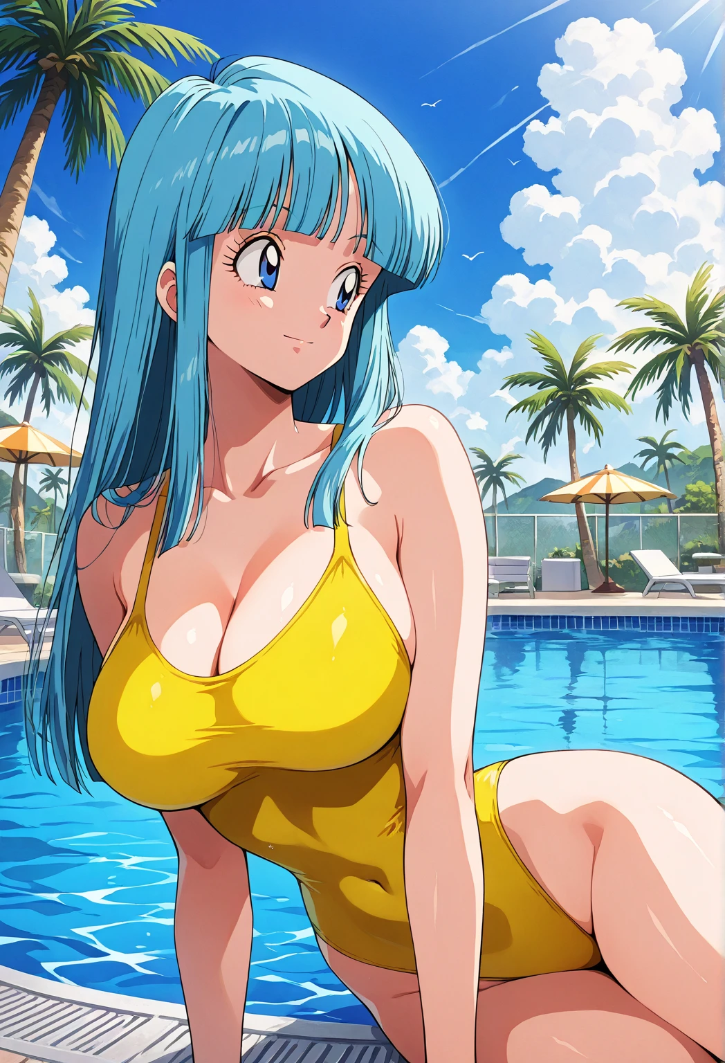 best quality,masterpiece,maron, beach, ocean, ((yellow one-piece swimsuit)), blue eyes, aqua hair, goggles on head, smile, happy, blush, blunt bangs, long hair cleavage,arms behind back, contrapposto,leaning forward,huge breasts,1girl, solo
