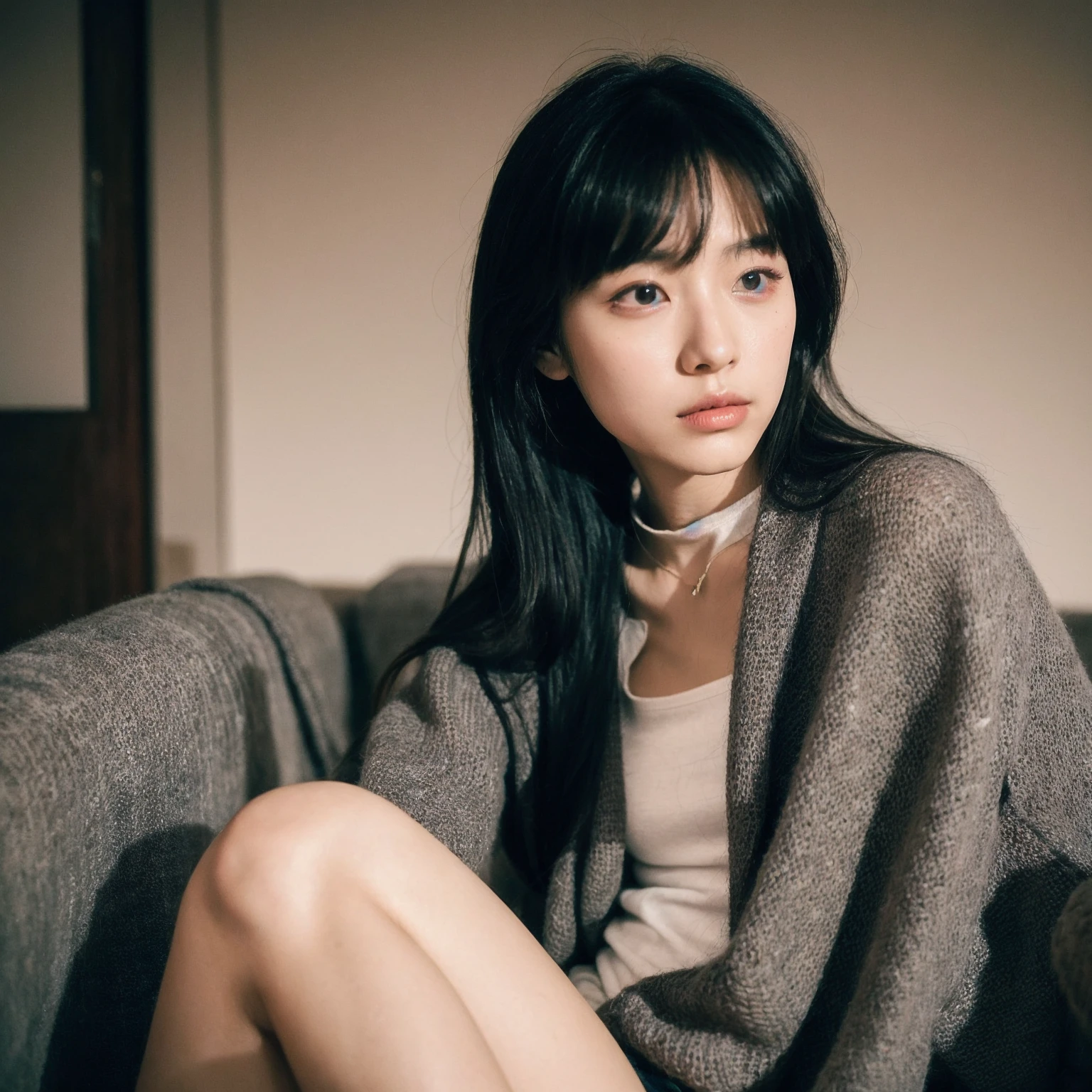 1girl,sitting on a cozy couch,crossing legs,soft light, listening to music with headphone, cold weather, sexy, black hair, red scarf, ulzzang style,
