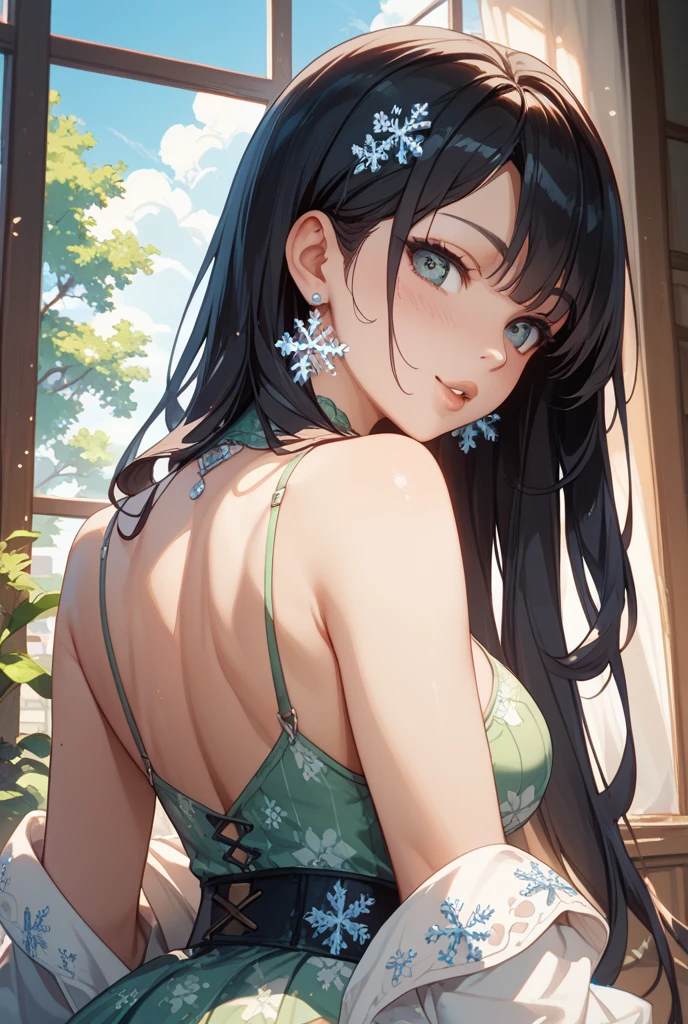 black hair, long hair, blue eyes, green gown, short skirt, slim legs, navel, balcony, happy