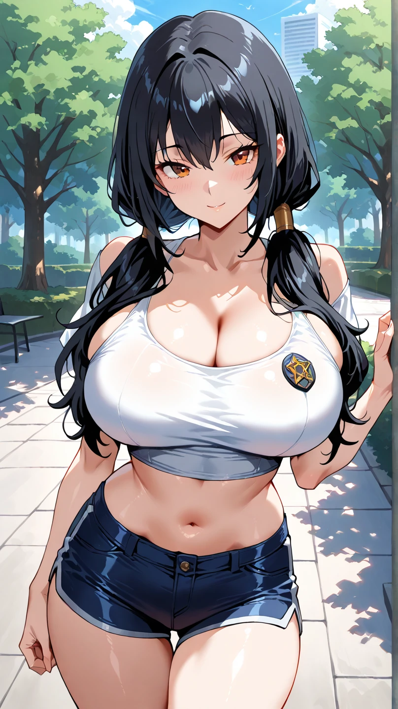 Cow girl, cow girl hat, cow ears , cow tail, big breasts, big boobs, micro shorts, tied shirt, red plaid tied shirt, dark brown skin, sun tan