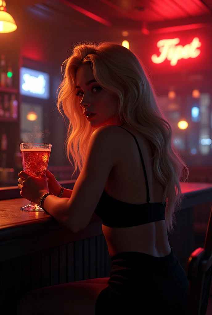 "A high-quality realistic illustration in ultra detailed CG style, with 8k resolution, depicting a stunning Russian woman in a nocturnal environment, dancing sensually in a nightclub, focus well on her legs