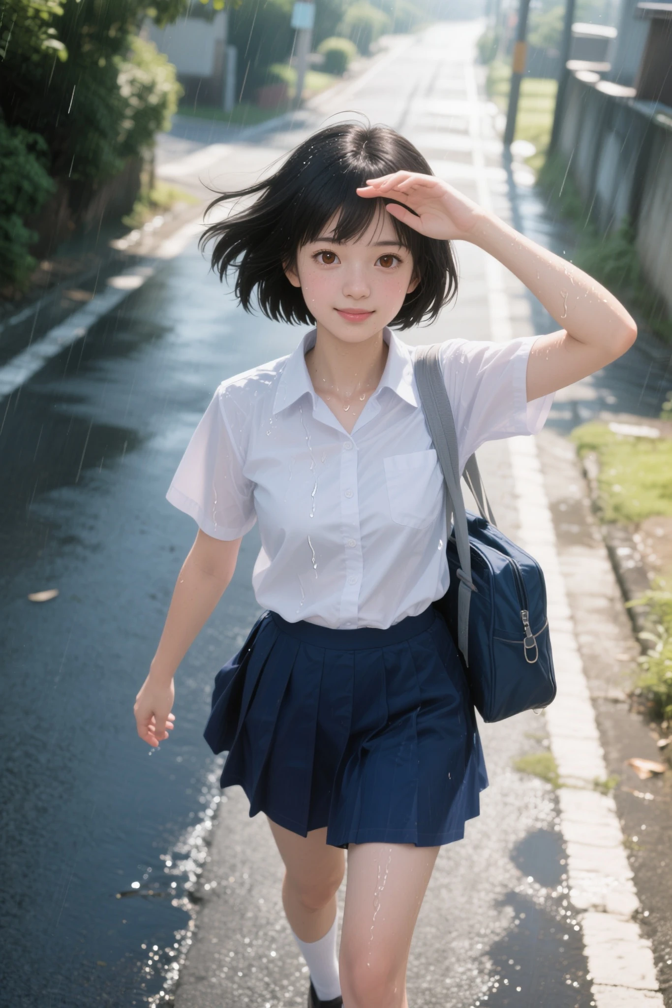 ((highest quality)), ((masterpiece)), (be familiar with), Perfect Face,Japanese,9 ,Girl,cute,Primary selementary school,4th grade elemng,,uniform,White ,school bag,In front of the station,rain,Wet hair