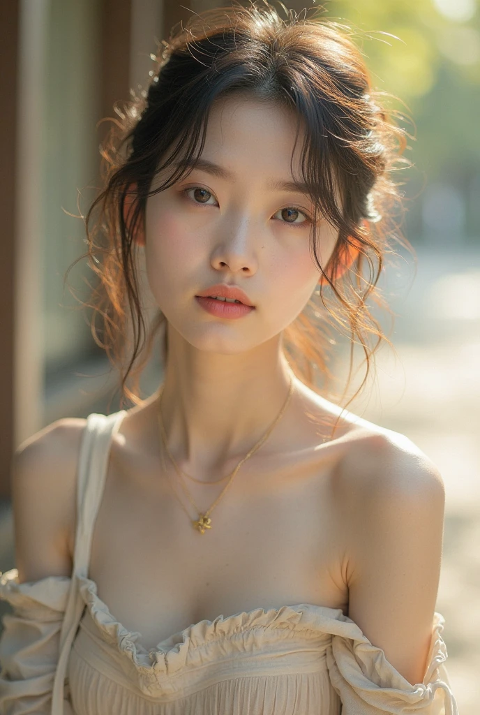 Clothed、(photoRealstic:1.4)、(hyper realisitic:1.4)、(reallistic:1.3)、(Smooth lighting:1.05)、(Improved cinematic lighting quality:0.9)、32K、1girl in、20 years girl、Realistic lighting、Back lighting、Facial Lights、Ray tracing、(brightened light:1.2)、(Quality Improvement:1.4)、(Realistic textured skin of the highest quality:1.4)、fine detailed eyes、A detailed face、Fine quality eye、(Tired, sleepy and satisfied: 0.0)、Face Close-up、tshirts、(enhance the atmosphere of body line:1.1)、(Increase the beauty of skin texture:1.1)、small tits、Slimed、A slender、Model body type、Fashionable necklace、Fashionable earrings