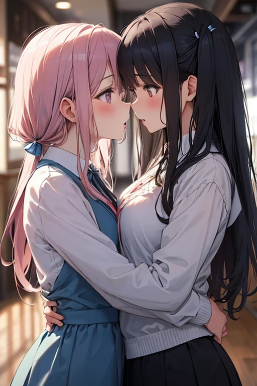 Medium Hair、poneyTail、校服、Close your eyes and kiss、Two junior high school girls、embracing each other