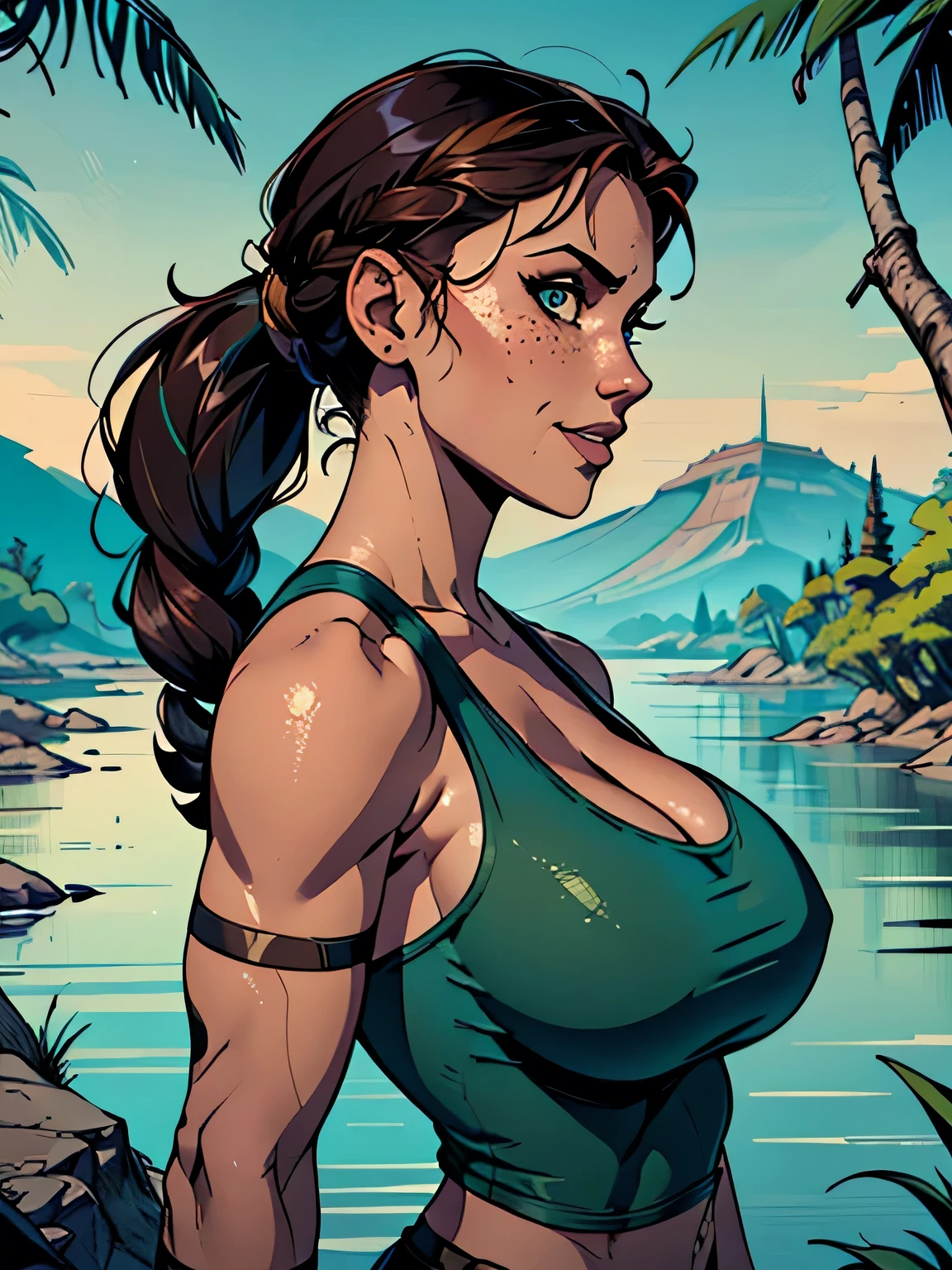 Lara Croft, 1girl, black hair, hyperrealistic wet skin, huge breasts, cleavage, skindentation, sitting before campfire at night, jungle background, fantasy art, watercolor anime comic illustration, masterpiece, highly detailed, striking pose, dramatic lighting, vibrant colors, atmospheric, cinematic, painterly