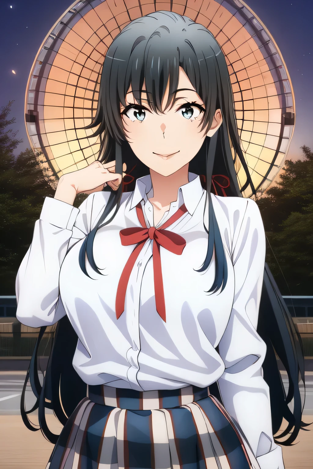 beautiful smiling woman ,Can you draw a woman smiling in front of the giant ferris wheel at Takasago Rinkai Park,20-year-old adult woman with a nice smile,Please draw long black hair,big breasts、 The ,I need a face,white blouse,Navy Blue Pleated Miniskirt,