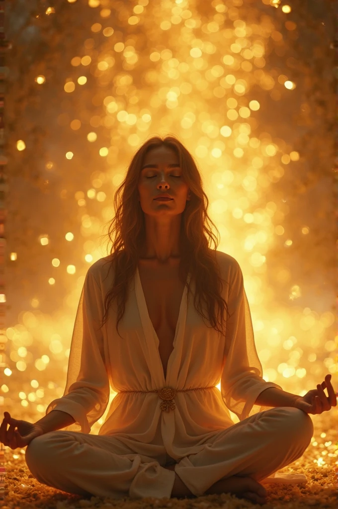 woman meditating in lotus position channeling golden light with her hands next to a statue of a golden goddess of abundance, golden background, light background, magical environment