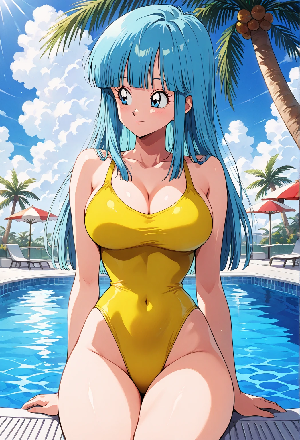 Lum, sexy, Boquete, amamentar, best quality, master part, Praia, oceano, ((one-piece yellow swimsuit)), decote de cabelo longo, arms behind back, contrapposto, inclinando-se para a frente, seios grandes, 1girl, Mamilos, NSFW, cum tiro, 1st grade