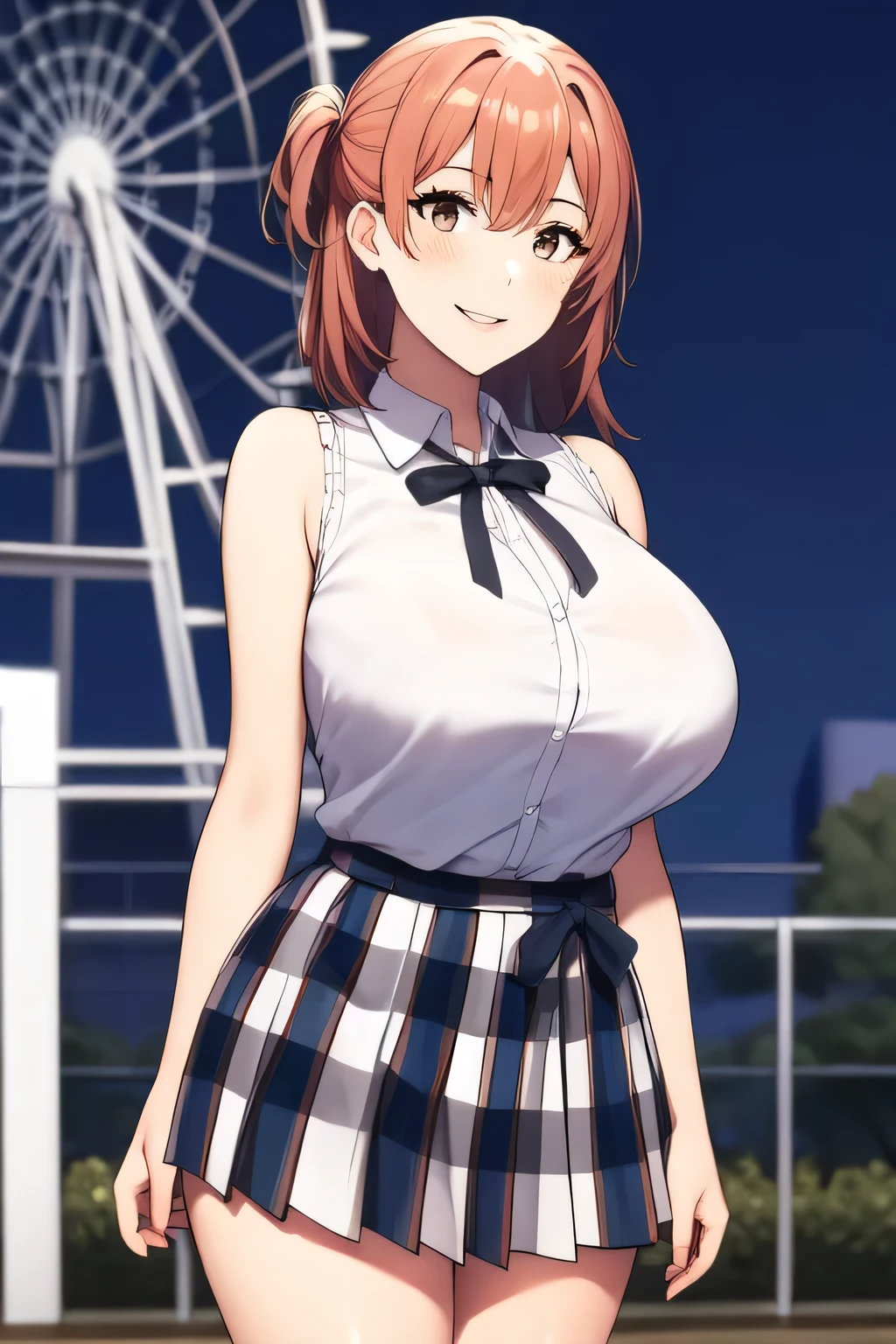 Can you draw a woman smiling in front of the giant ferris wheel at Takasago Rinkai Park,,Big Breasts,sleeveless blouse,pleated miniskirt,Accurate representation of hands and legs, , Big Breasts, thin waist , , ,I need a face,