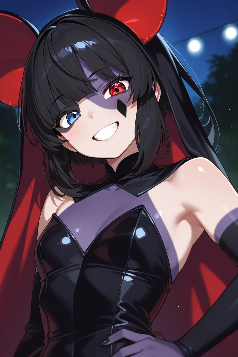 anime, hdr, soft light, ((best quality)), ((masterpiece)), (detailed), (low key, dark theme:1.2), <lora:Eriko_5_final_2:1> eriko, (medium breasts:1.1), glowing eyes, +_+, symbol-shaped_pupils, (spiked tail:0.9), red dress, black bra, red capelet, fur trim, elbow gloves, looking at viewer, shaded face, (gasai yuno), (yandere face), jail, prison, <lora:lowra_v10:0.5> <lora:yuno-gasai:0.9>