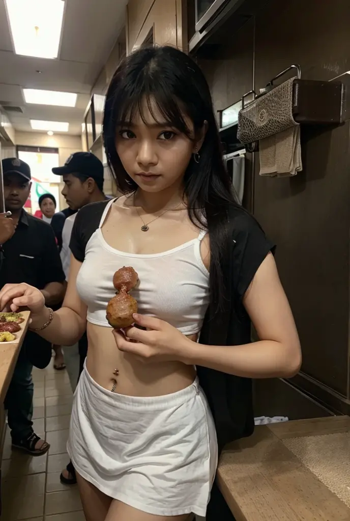 Seorang anak laki laki makan kebab dengan tangan kirinya dengan menggunakan baju mafia