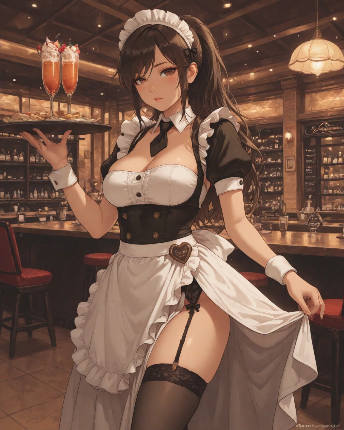 (masterpiece, best quality:1.2), 1girl, solo,very dark skin,tanned skin,maid,coffee shop, medium busty breasts and nipples,sexy maid outfit, chubby girl, moaning, horny