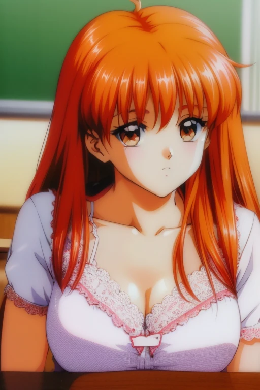 Masterpiece,best quality,Kousaka honoka, blue eyes, orange hair, looking_at_viewer, upper body, cozy top, cleavage , perfect shadow, beautiful, pink nurse top, cleavage, bent over, no bra