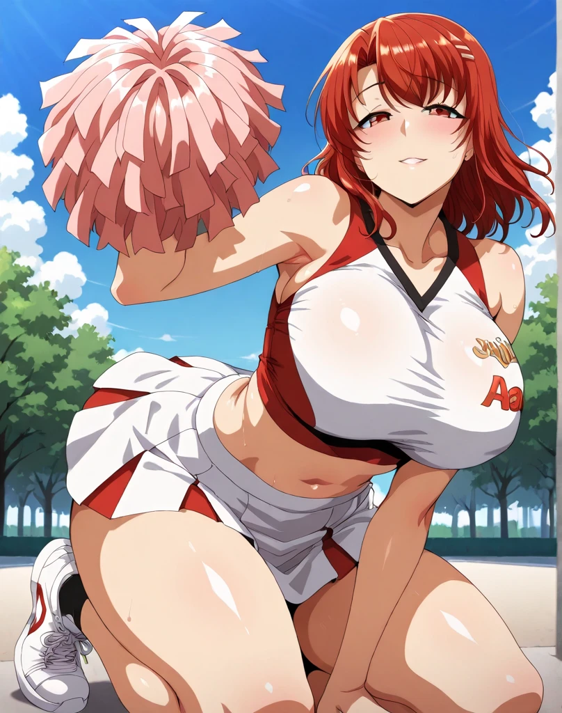 masutepiece++, Best Quality++, ultra-defined++, ultra-defined++,4K++,in 8K++, Highly detailed,
(Pink Cheerleader Costume, shirts lift, Mini Skirt Lift:1.3), Rat trail section, Midriff, (under the boobs:1.2),
(From below:1.2),
Shiny skin,
(large boob:1.2),
Sweat, Dynamism,
Perfect hands,
Open mouth, Surprised, (Full face blush:1.2),
School Grounds, Sunshine,
Yuigahama Yui, Pink hair, Hair bun,
Looking at Viewer, Focus, nsfw,