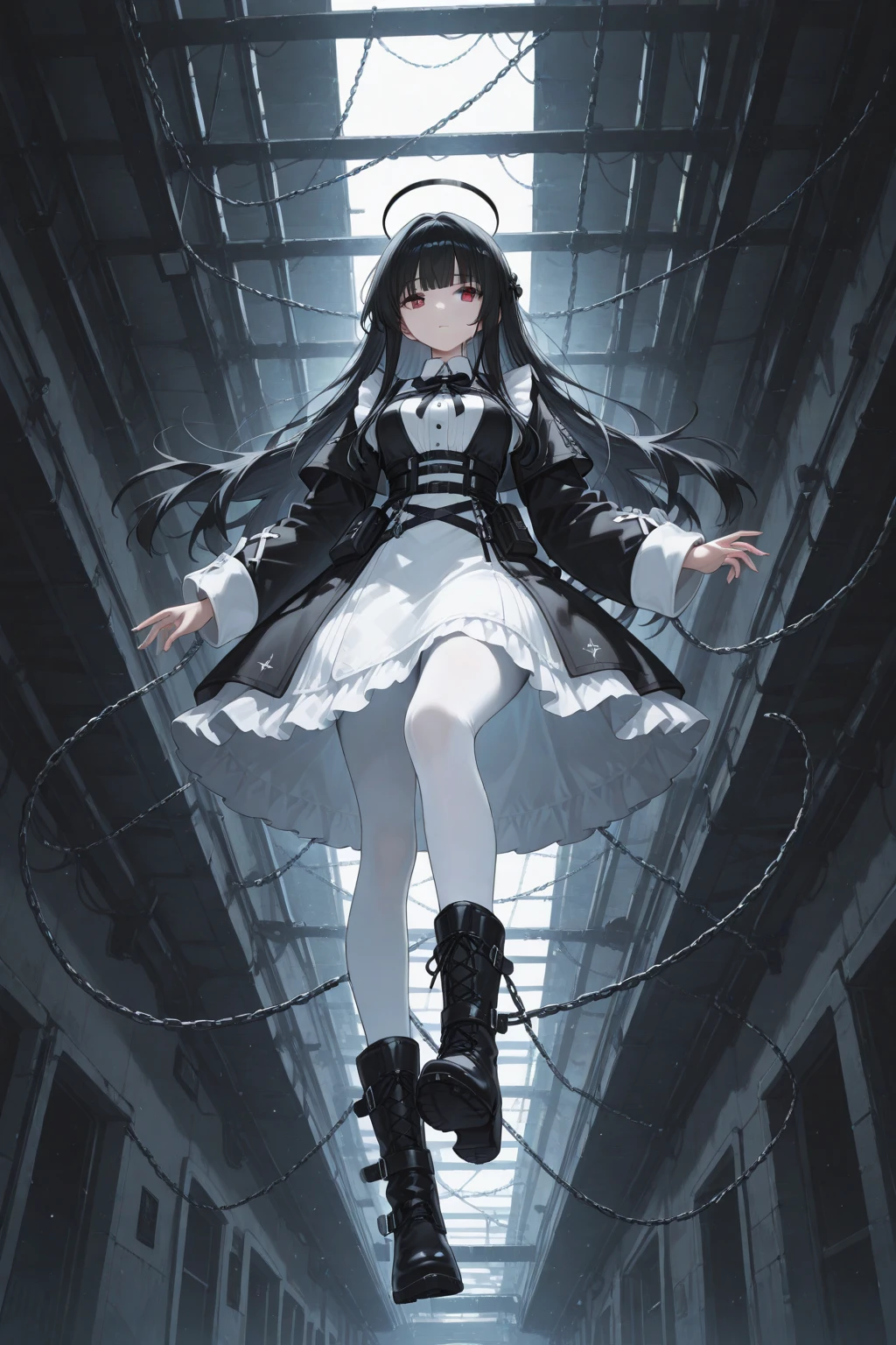 Girl with black hair and white dress standing in chains, badass, anime 8 K, seductive girl, ((chain)), (anime girl), beautiful schoolgirls, 4k anime wallpaper