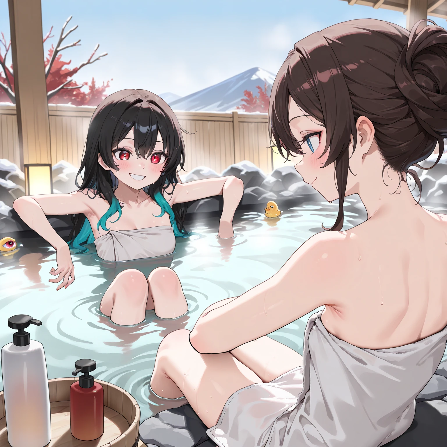 (masterpiece), best quality, (16k), expressive eyes, perfect face, lady, 2 girls, large breast, navel, BREAK, (((topless))), (((wet cobalt blue solid pencil mini skirt))), bare arms, bare legs, shiny skin, wet body, BREAK, outdoors, in the waterfalls, wading, BREAK, brown hair, wet hair, Lower ponytail, closed eyes, :), BREAK, standing, (upper body), ((from behind)),
