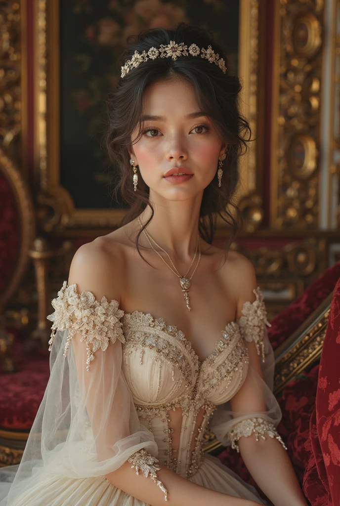 Her Majesty the Queen of England in the 18th Century, A dress with a narrow waist and rich embellishments, Perfect breast shape, masterpiece, Highest quality, Intricate details, Sharp focus, ((alone:1.4), View your viewers, Ultra-high resolution, (One girl:1.4), Detailed Background, Big tiara,　Lots of gems, Cleavage