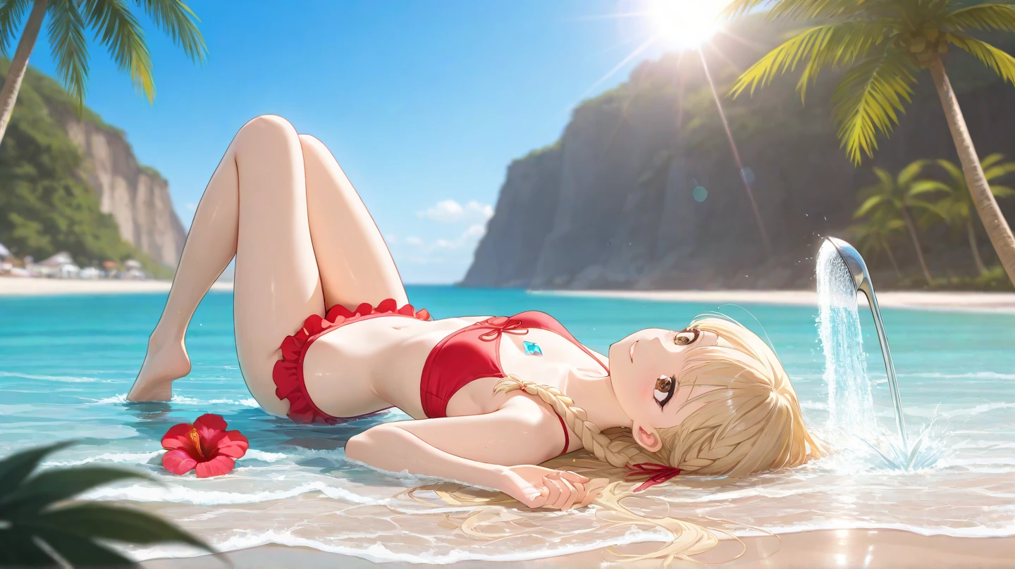 (hIgh qualIty, realIstIc), ((((((Red Bikini)))))))I, vIbrant colors, tropIcal paradIse, beautIful detaIled eyes, long flowIng haIr, golden tan skIn, sparklIng ocean background, sun-kIssed glow, exotIc flowers, palm trees swayIng In the breeze,, Crystal clear water, refreshIng sea breeze, summer paradIse vIbes. (((gIgantIc breast)))(((beautIful breasts)))whole body、Lying on the beach