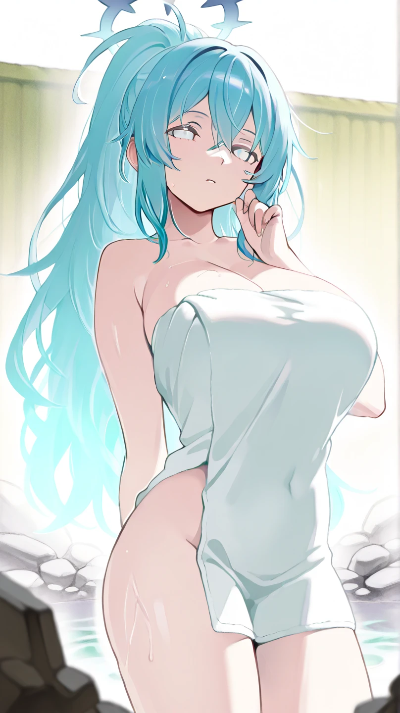 ((an anime girl with light blue hair and red eyes)) ((Breasts 200 cm)) ((Waist 40 cm)) ((Hips 200)) ((Dressed in a without any clothes )) ((blushes)) ((NFSW)) ((exposed part)) ((Lying on a bed))
