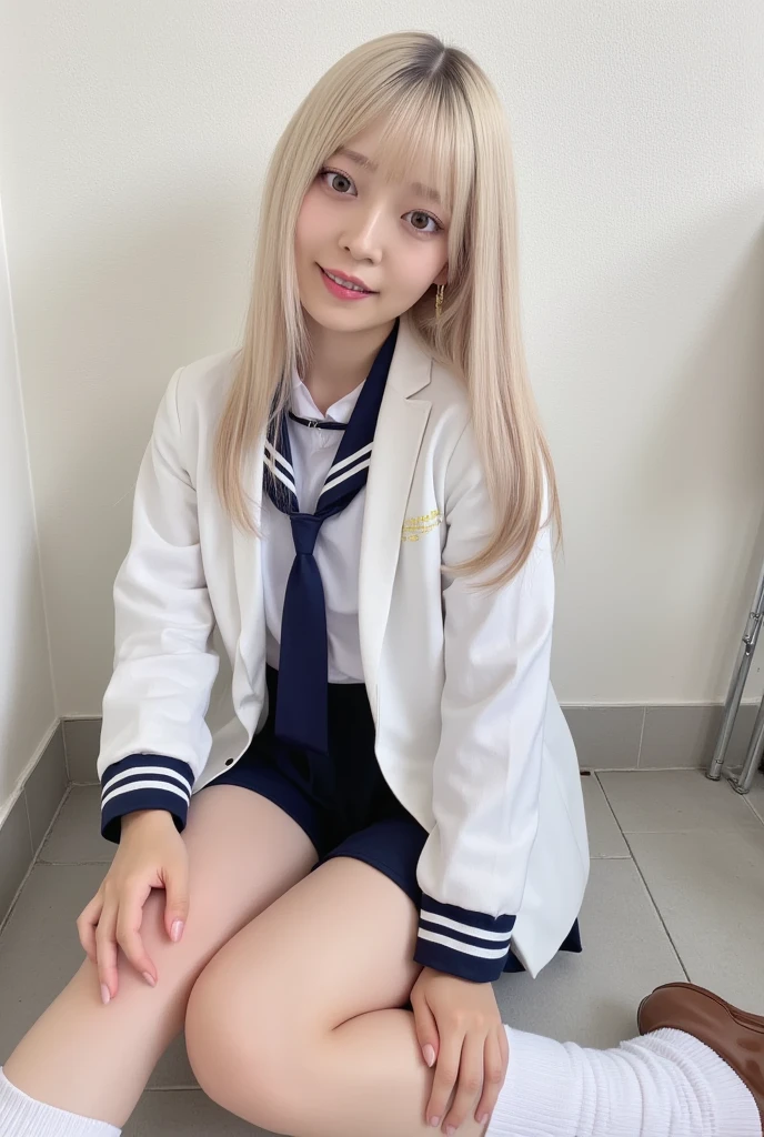 Her windblown blonde hair obscures her pretty face..、Bangs that flow between the eyes、Sexy big 、16 year old cute little smile、Shiny, bright, straight, super long blonde hair、Cute and beautiful long, smooth bangs covering the area between the eyes、Long, straight, silky hair、sexy and cute beautiful young girl、clear, white and Shiny skin、Shiny skin、Beautiful Face、Beautiful brown eyes that shine so brightly、Very big eyes、Small Face Beauty、Perfect beauty、（Full body 2：1）、（high school girl）、Squatting on the steps of the park、Shot from below、uniform、Sailor suit、Short sleeves、Navy blue short skirt、Navy blue knee socks、Her white pants are slightly visible、Sexy pose、gravure、 information