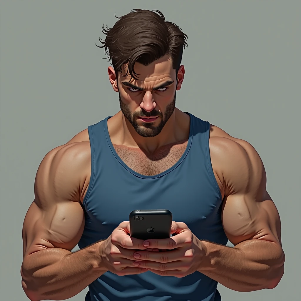 Strong buff man playing the game Candy Crush on phone