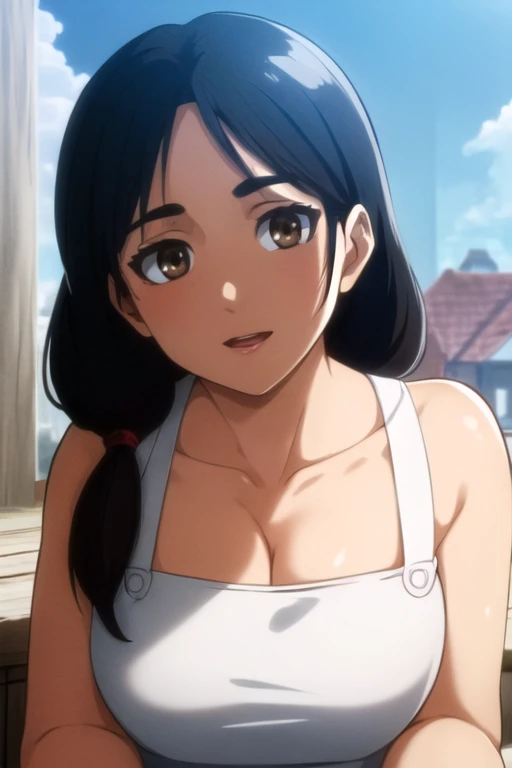 (day:1.7), a city with a lot of buildings and a sky background with clouds in the background and a blue sky, architecture,
Standing at attention, at the roof,
deep cleavage, collarbone, White apron,bare shoulders,
black Hair, brown eyes, Bangs, single braid,
1 girl, 20yo,Young female,Beautiful Finger,Beautiful long legs,Beautiful body,Beautiful Nose,Beautiful character design, perfect eyes, perfect face,expressive eyes,
looking at viewer, in the center of the image,(Upper_body),(close-Up),(Focus on her face),
official art,extremely detailed CG unity 8k wallpaper, perfect lighting,Colorful, Bright_Front_face_Lighting,shiny skin,
(masterpiece:1.0),(best_quality:1.0), ultra high res,4K,ultra-detailed,
photography, 8K, HDR, highres, absurdres:1.2, Kodak portra 400, film grain, blurry background, bokeh:1.2, lens flare, (vibrant_color:1.2)
(Beautiful,large_Breasts:1.4), (beautiful_face:1.5),(narrow_waist),