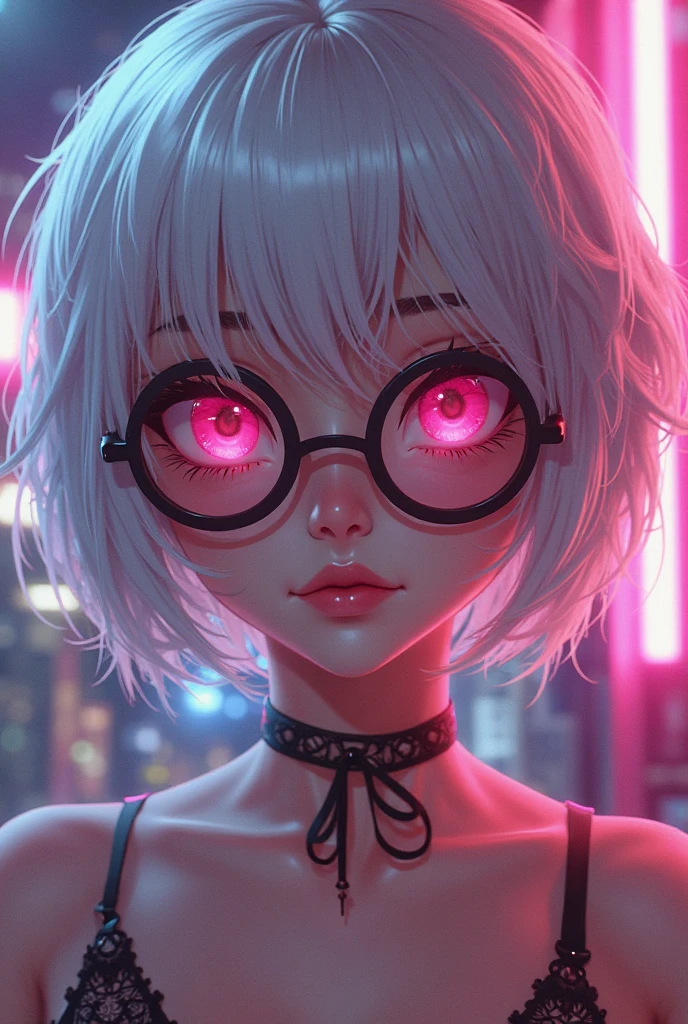 Highest quality,Highest Resolution,sexy,neon,Short Bob,Very beautiful eyes,,Crying face with lots of sweat,,Big Breasts,whole body,Glasses