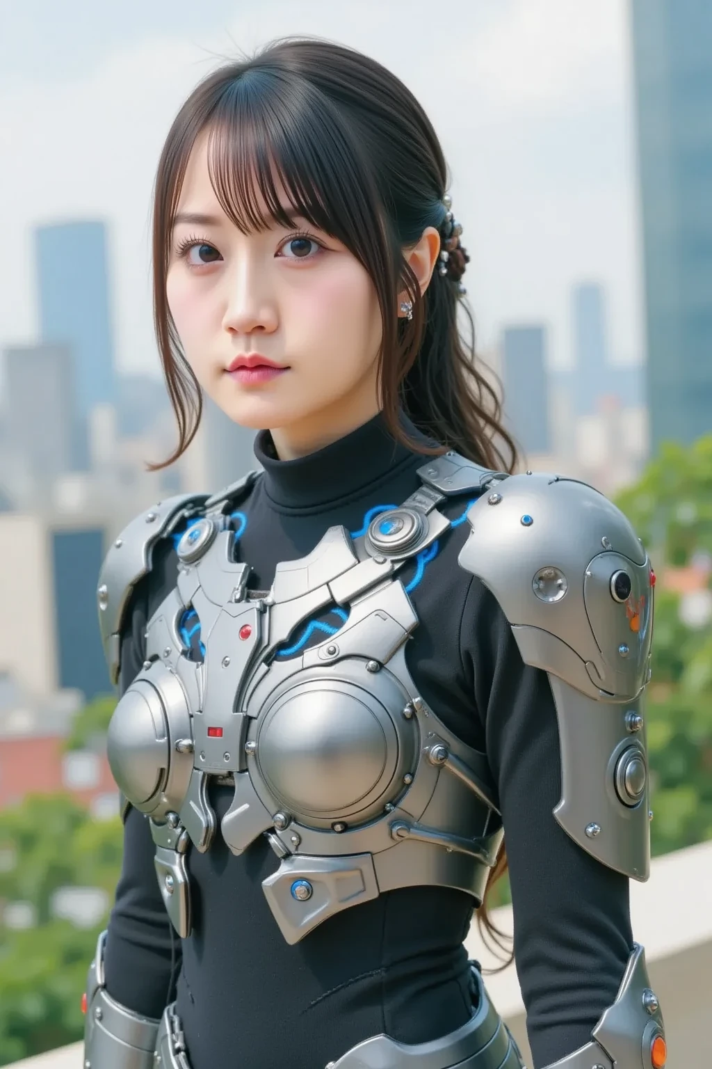 high quality,(((Beautiful girl small breasts)))、smile、A realistic masterpiece, , Little Skinny Girl, Long legs, Wearing futuristic robotic tactical shear armor cyber punk suit with cutouts, Cityscape of dilapidated buildings、lean and athletic body, Innocent, Playful, Famous Japanese actresses, BDSM, shibari, Legs tied, Wrist binding, cyber punk、(((Nipples exposed through gaps in costume)))、(((Upper body photo)))