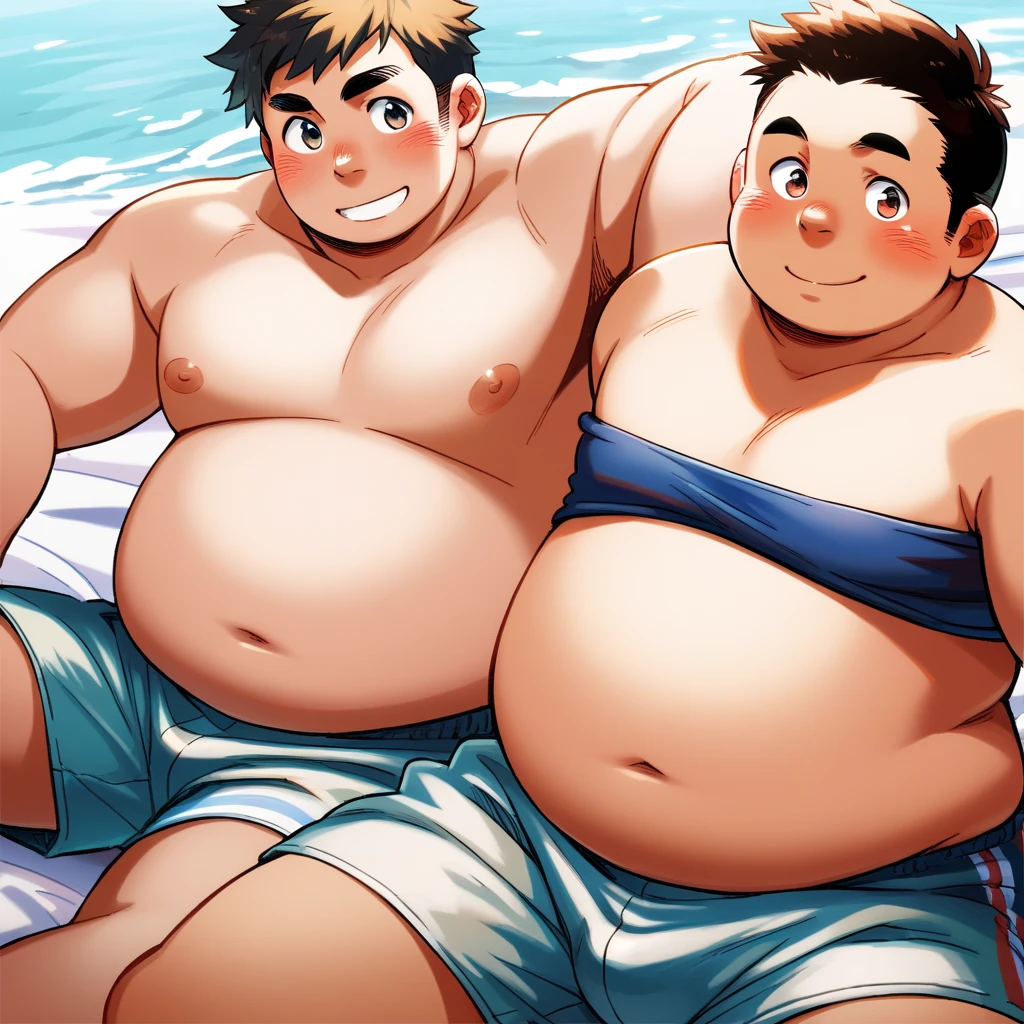 Two Chinese fat men,High school students,Whole-body proportions,Thick legs,The barefoot,No shoes,Kicking,Raise your feet,adolable,Handsome,Fat body,(((upper body bare))),contest,scramble,the two faced off,The two confronted each other with their thighs,The inner thighs of the two are crossed,
