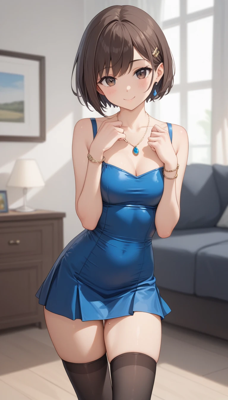 (extremely delicate and beautiful:1.2),1girl, bangs, blue eyes, blurry background, short hair, blue hair, open mouth, lips, parted lips, from front, lantern, light particles, evening gown, dress, necklace, earrings, jewelry, sleeveless, bare shoulders, looking at viewer, night, solo, medium full shot, smile,red lips, medium breasts, mer1