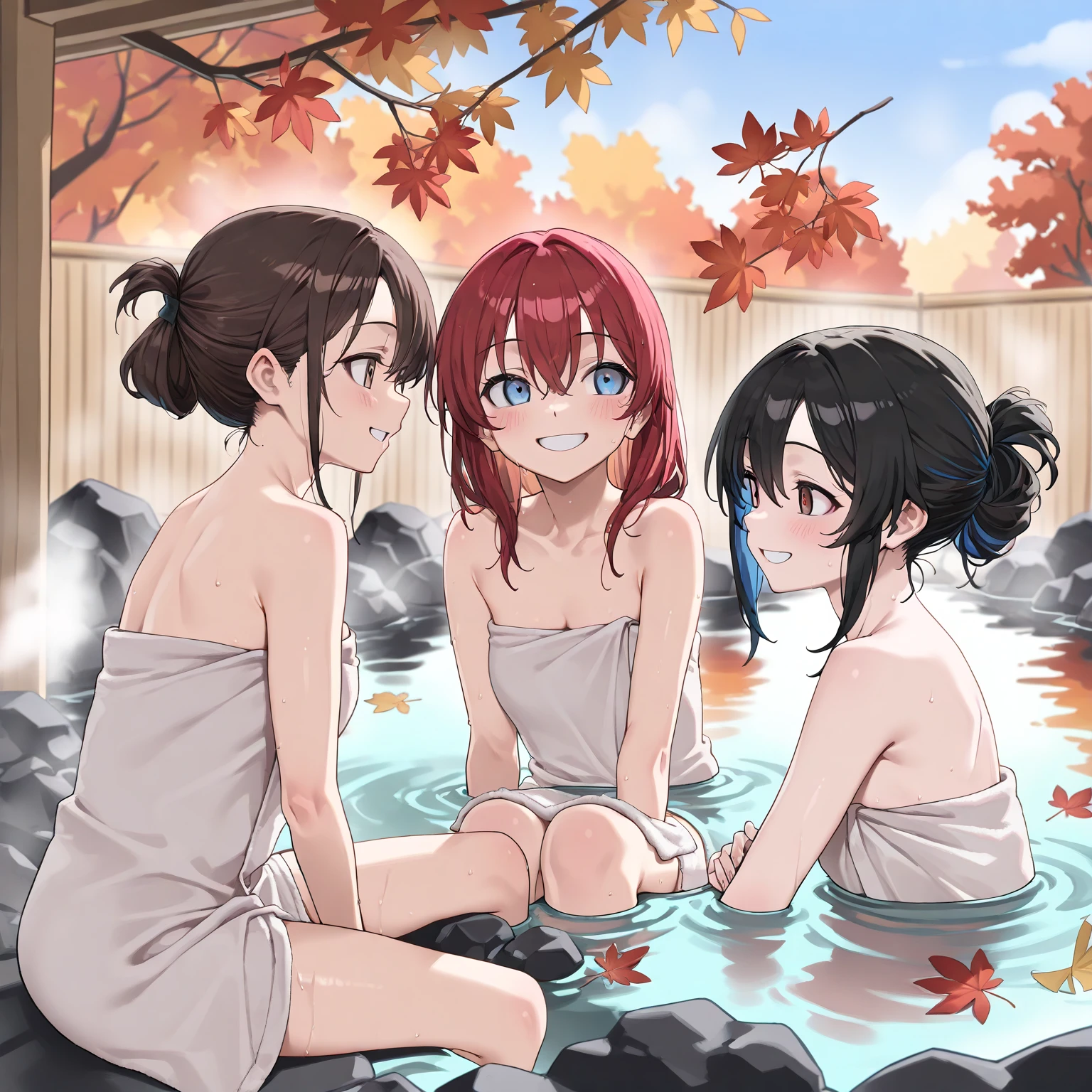 ((True masterpiece, Perfect quality, Detailed delicately, Anatomically correct, Detailed background)), Three girls with skinny bodies and tied hair, Have different hair colors, Different eye colors, Various appearances, They are putting on bath towels, Taking a bath, Sitting in the hot spring, Soaking, Smiling, Close to each others, Cozy, Pleasures, Travel in Japan, Autumn