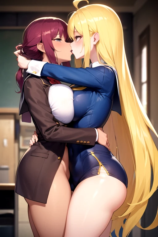 Lesbian (very long loose yellow hair)(big breasts, big thighs)(with clothes it is very tight) that he is kissing at school with his girlfriend,(big breasts, big thighs)lesbian love