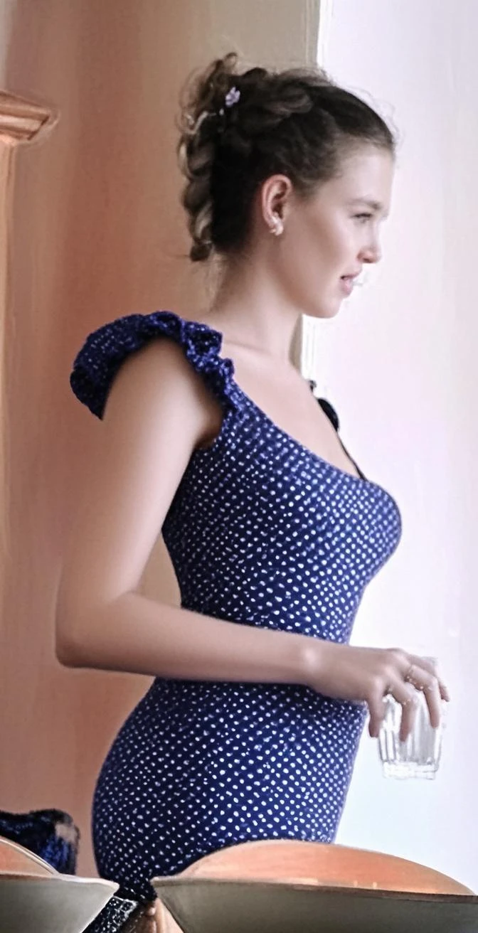 (realistic:1.3), A beauty girl with tattoos on body, beautiful art tattoo detailed, ((text tattoo on her body: Fuck Me)), detailed beautiful eyes, big breast, cute chubby, baby face, insane detailed, quality, (masterpiece:1.2), (photorealistic:1.2), (best quality), (detailed skin:1.3), (intricate details), ray tracing, ((half body)), (((1girl))), (((1 person))), 20 years old, short hair, smile, blue dress, skirt with pattern, color contrast between the dress and the skirt, skirt pattern, earrings, necklace, Javanese ornament, (blurred background)