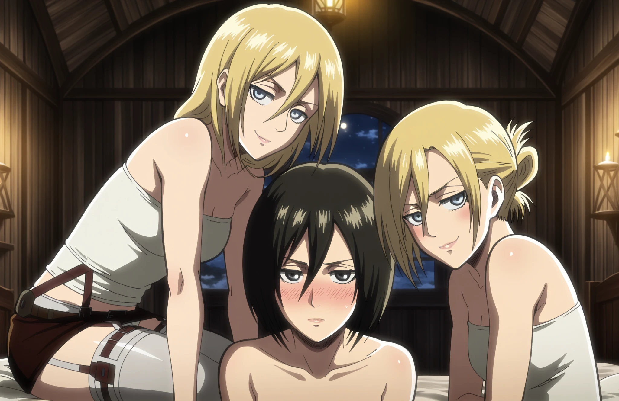 masterpiece, best quality, score_9, score_8_up, score_7_up, source_anime, perfect eyes, detailed eyes, intricate details, perfect lights, perfect shading
indoors, medieval bedroom, nightime, night, 3girls, side by side, line up, sit on bed, happy, white garter belts, white stockings, love hearts, blushing, fit girls, size difference, Mikasa ackerman, Annie Leonhart and Historia Reiss from attack on titan, looking at viewer, smug, tube top, micro skirt,
annleo, blonde hair, folded ponytail, blue eyes, pink lips,
mikack, black hair, black eyes, short hair, hair between eyes, pink lips, cute eyes, cute face
Historia Reiss (character), krista lenz, 1girl, blonde hair, blue eyes
