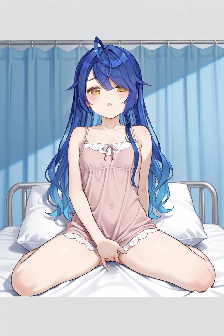 small breasted girl, short, elementary school student, blue hair, long hair, blue eyes, round eyes, shy, shy, bed, naked, short, young face, short height, has a buttock,nipples are visible,pussy are visible,(flat chest:1.2),,spread pussy,lying on back , school swimsuit