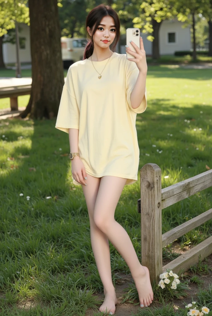 table top, highest quality, 8K, 10I'm 20 years old, , Raw photo, absurd, award winning portrait, smile, smile, alone, idol face, viola lace, gardenia, delicate girl, Upper body,full body shot, Digital single-lens reflex camera, 視Looking at the listener, Frank, Sophisticated, Zola々right, thin arms,small mouth,cute face, professional lighting, film grain, chromatic aberration, (Eye and face details:1.0), (Bokeh:1.1), 、loliLooking at the listener, barefoot, dress, sitting, short sleeve, 視Looking at the listener, Grass, short hair, smile, dark brown hair, plump sleeves, outdoor, puffy short sleeve, bangs,