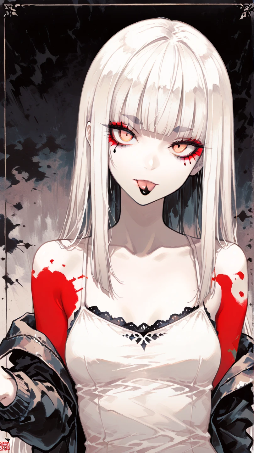 Highest quality, High detail, Very detailed,Anatomically correct, One girl, Red eyes, Long Hair, Gray Hair, Artistic, skull, Wet with blood