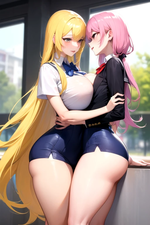 Lesbian (very long loose yellow hair)(big breasts, big thighs)(with clothes it is very tight) that he is kissing at school with his girlfriend,(big breasts, big thighs)lesbian love