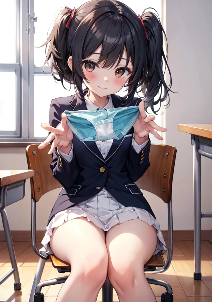 (masterpiece, 4K resolution, Ultra-realistic, Very detailed), girl、、12 years old、blazer、Sit on a chair、classroom、Holding white panties with both hands、smile、Black Hair、Side Ponytail、Brown eyes,holding panties,presenting panties,Perfect Fingers、tie