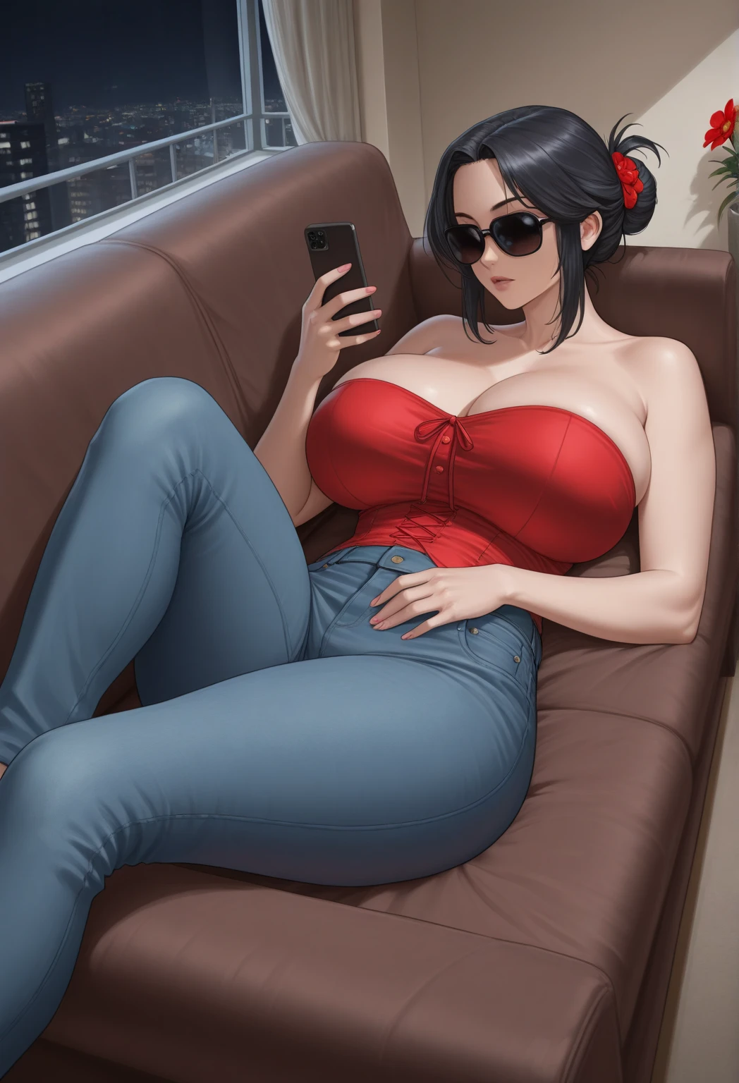 1 beautiful woman, big body, painted face, black hair, hair tied up in one ponytail, ponytail, Small Earrings, black blouse with pattern, blue jeans, big nails, crossed arms, painted eyelids, brown bag, clear sunglasses , I sleep lying down on the bus, eyes closed, mouth open.
