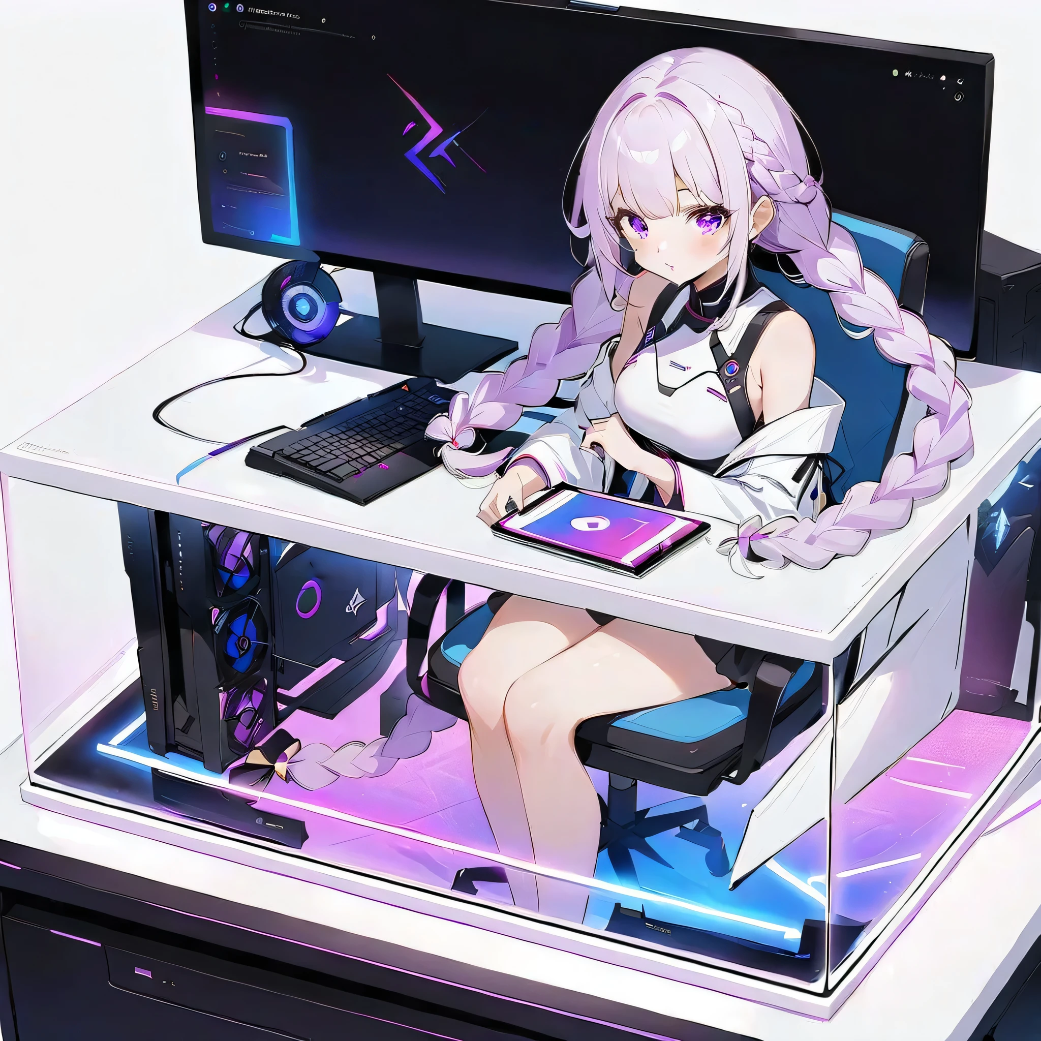score_9,score_8,score_7,winning work、(((Kakuhime sitting in a white pillarless case)))、PC Case、pure white、RGB、The person with the best details、Highest Quality、Milky white and purple gradient hair color、 long braids、