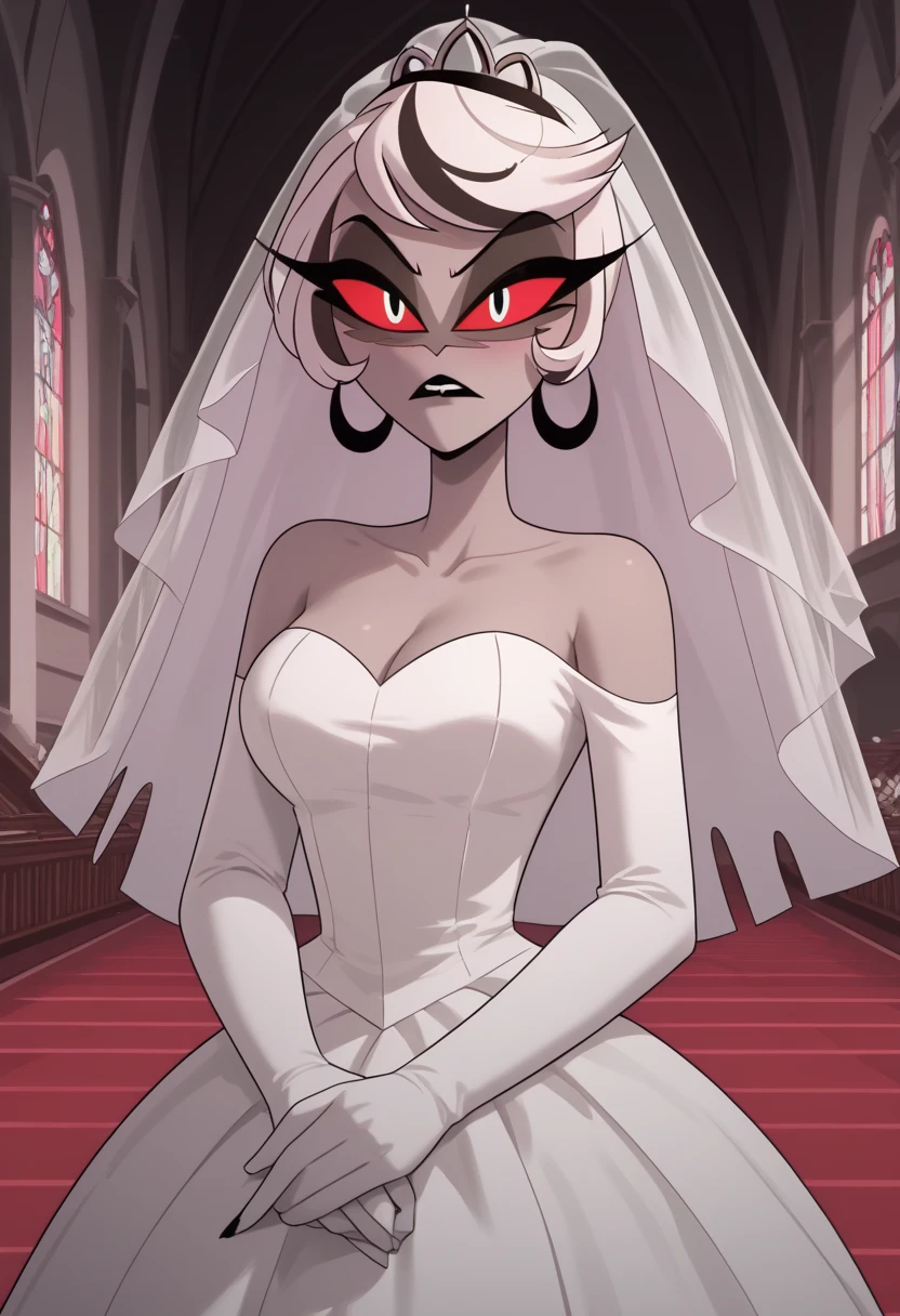 (best quality, masterpiece1.2), 1girl, 1boy, human, cally3d, 3d, 3d render, (ink darling), black sclera, no pupils, black eyes, horns, white face, woman, sexy, detailed, extreme detail, perfect lighting, 4k, cleavage, vivid colors, ethereal aura, holding hands, pov, bedroom, sharp teeth, black body, white wedding dress, pouting, suit, wedding ceremony, from above, bride and groom,