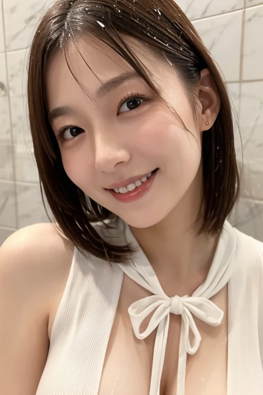 masterpiece、armpit, Realistic skin texture、Old face、Female in her 40s、Japanese Nurse、Oversized clothing、Medical scrub top and bottom、Short sleeve、Light Brown Hair、Wide open mouth、Closed eyes、Small bust、Bare chest、Wet Hair、Nipples、A shy smile、Hospital examination room、whole body shot, front shot.
