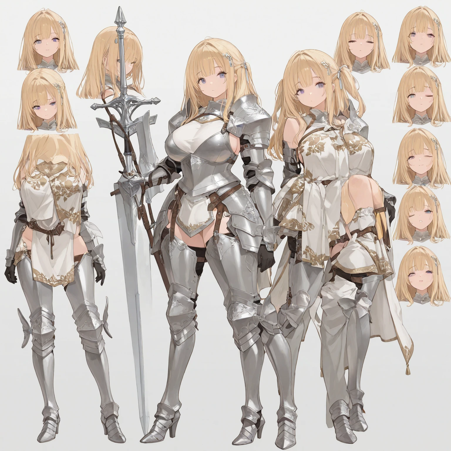 ((Masterpiece)), (highest quality)))), ((Character design sheet, same character, front, side, back), illustration, , Azur Lane character, 1 girl, long hair, pose, female elf, elf ears, Charturne Betala, (simple background, white background: 1.3) blonde, golden hair, red eyes, crimson eyes, tanned skin, brown, ecchi anime style, ecchi, loli cute anime girls,swordsman,sword,knight,full body,full body figure,character design